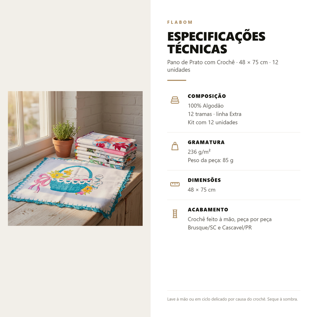 Pano de Prato Com Crochê | Kit 12 Unidades