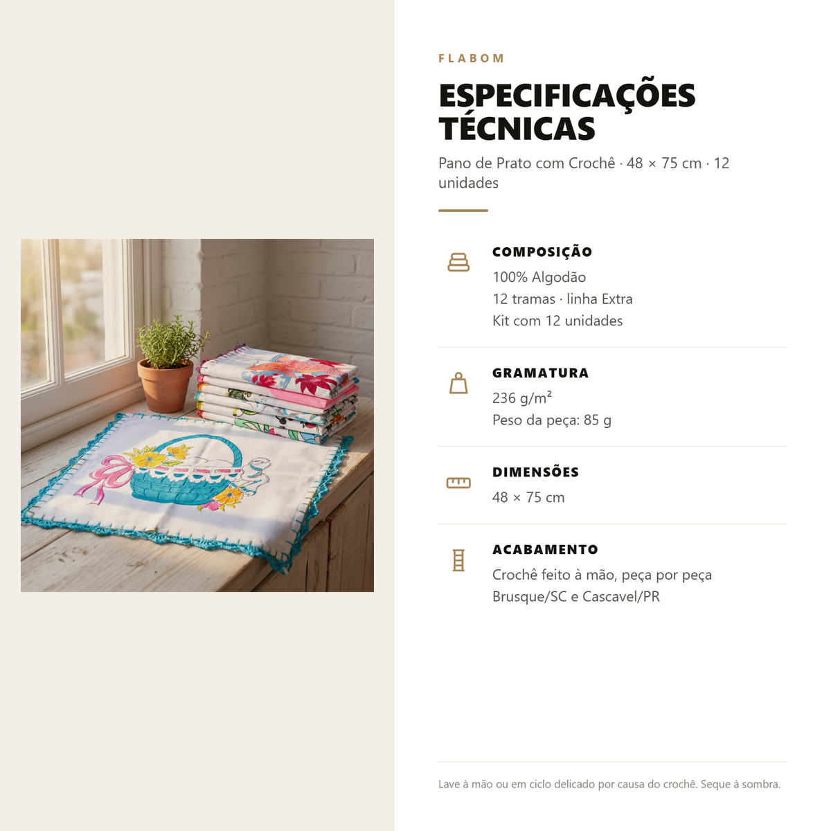 Pano de Prato Com Crochê | Kit 12 Unidades
