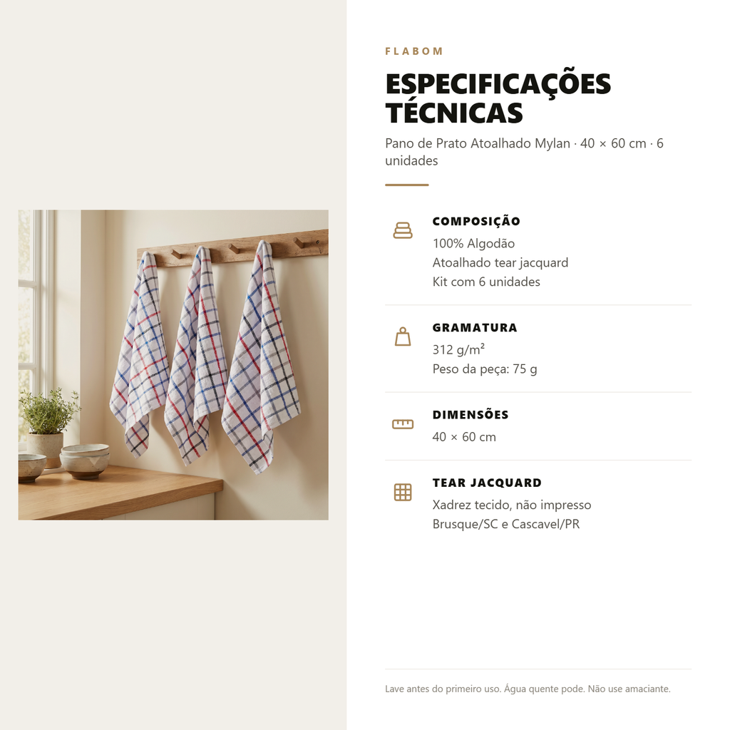 Pano de Prato Atoalhado Mylan 40X60 - KIT 6 unidades