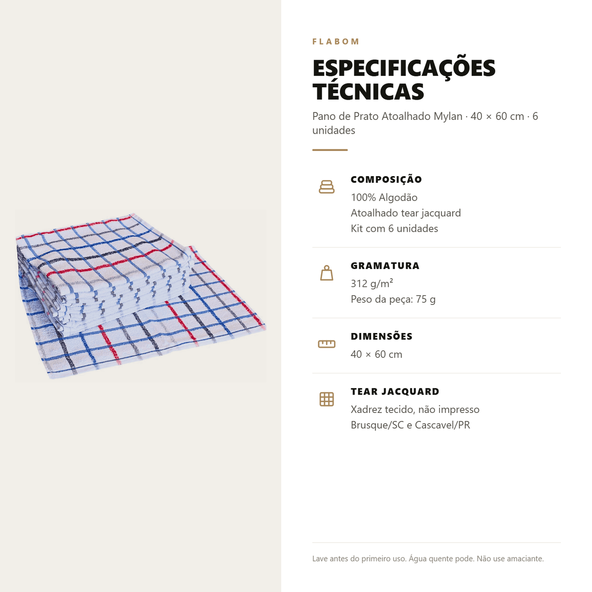 Pano de Prato Atoalhado Mylan 40X60 - KIT 6 unidades