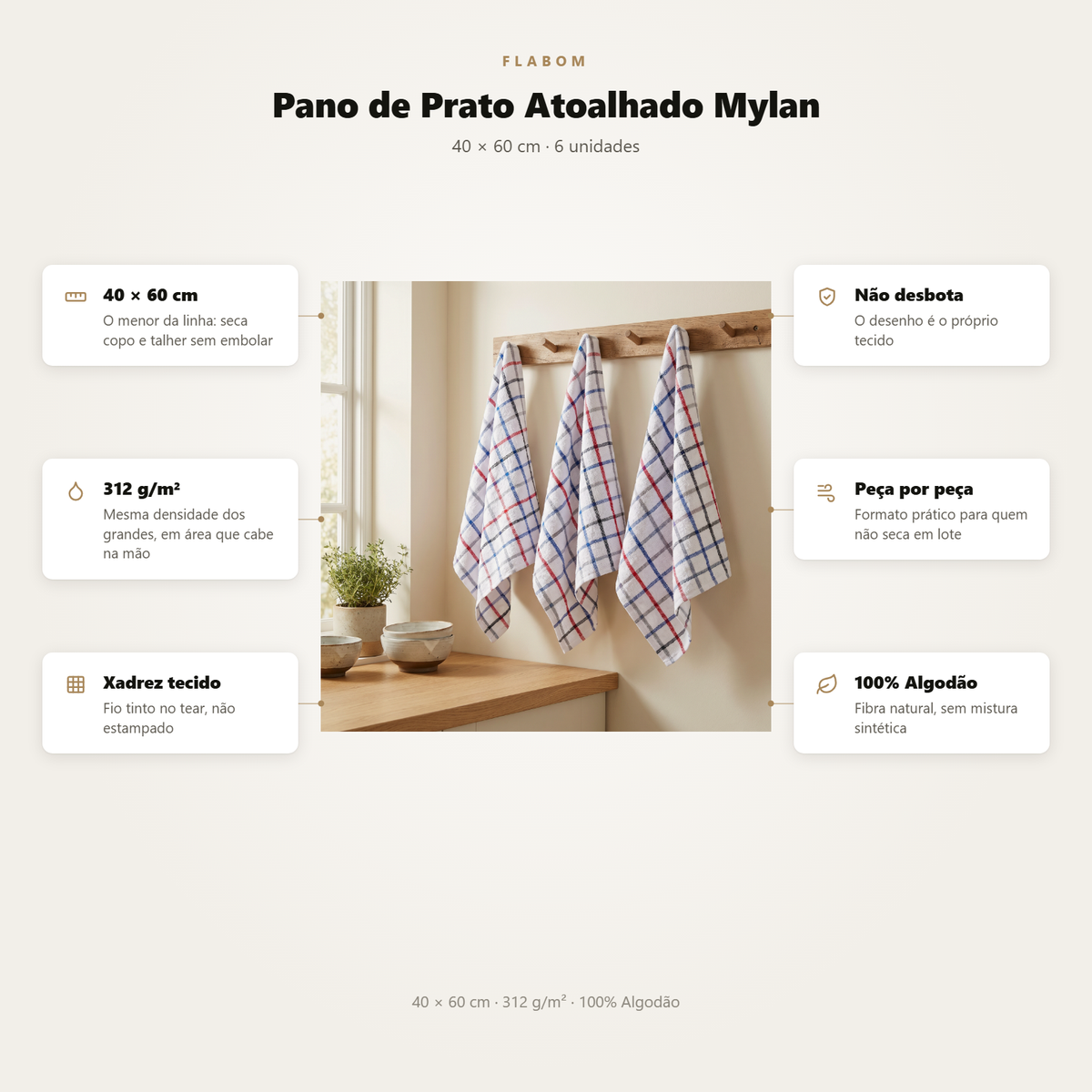Pano de Prato Atoalhado Mylan 40X60 - KIT 6 unidades