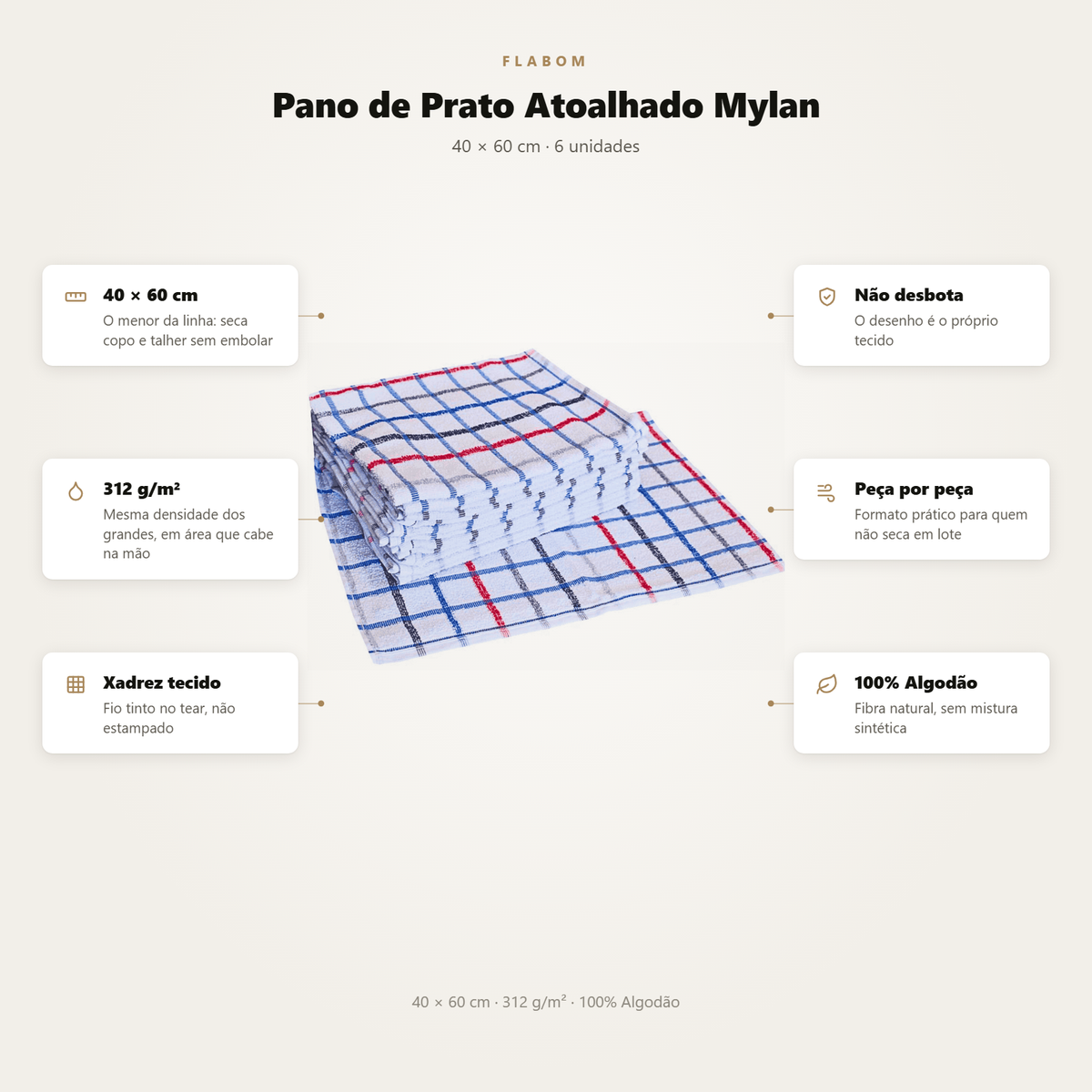 Pano de Prato Atoalhado Mylan 40X60 - KIT 6 unidades