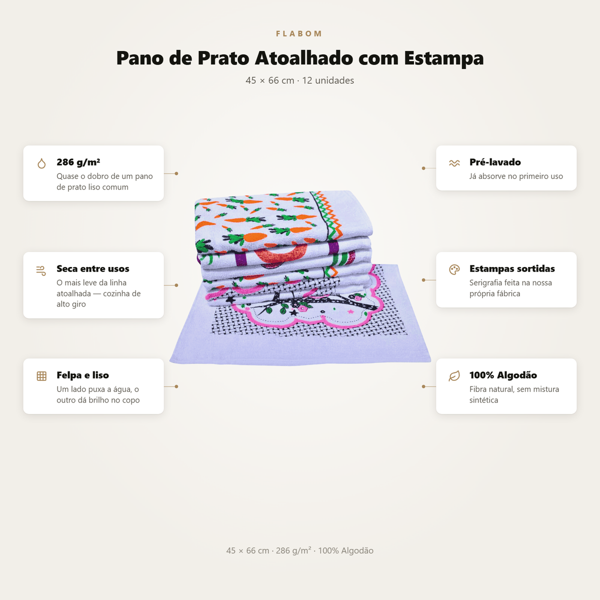 Pano de Prato Atoalhado com Estampa 45X66 - 12 unidades