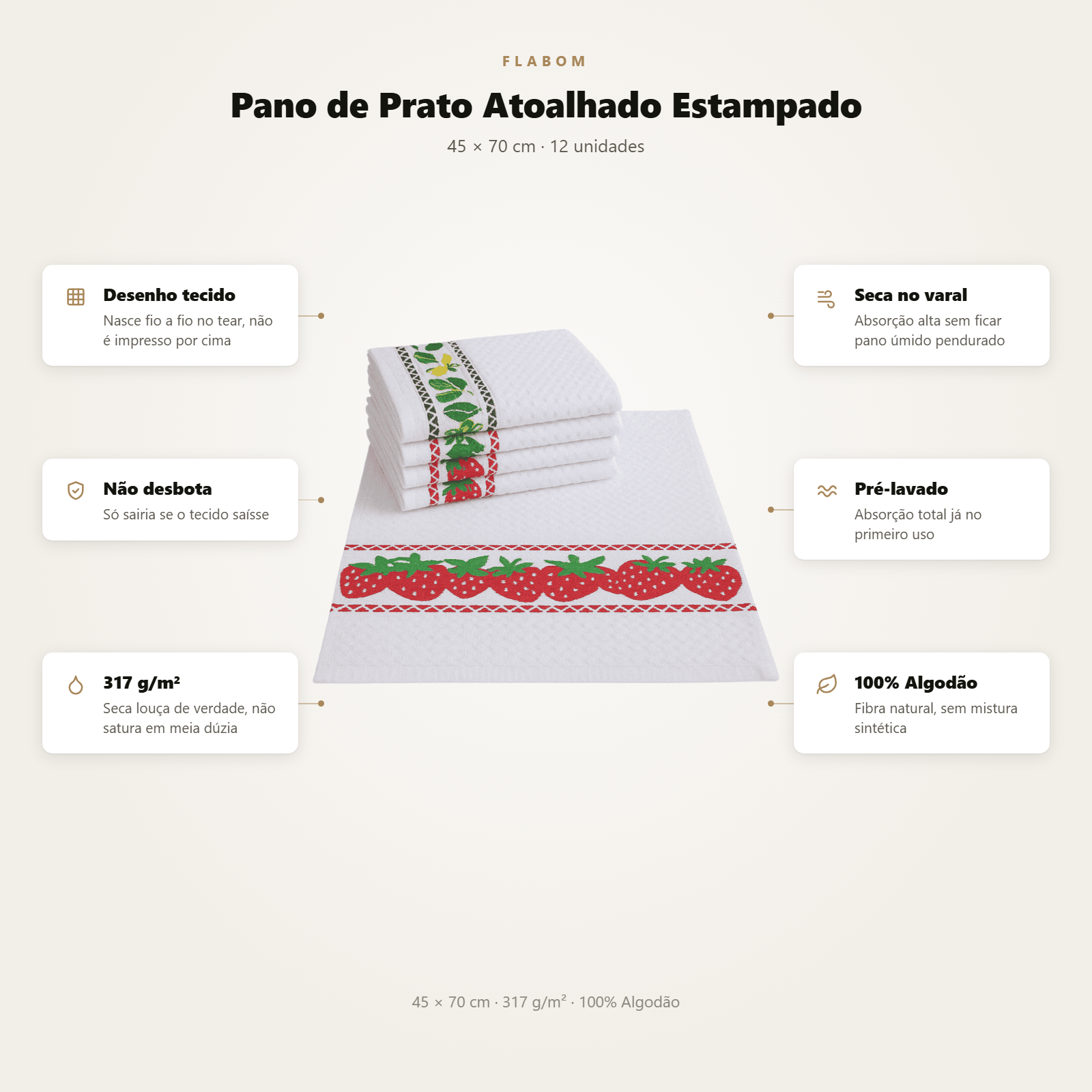 Pano de Prato Atoalhado Estampado 45X70  - 12 unidades