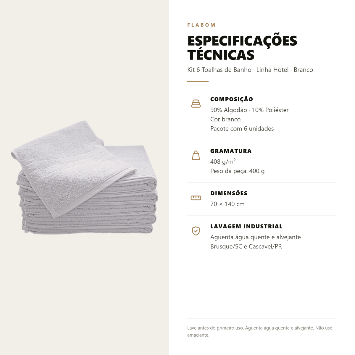 Kit 6 Toalhas de Banho Linha Hotel 70x140 Branco
