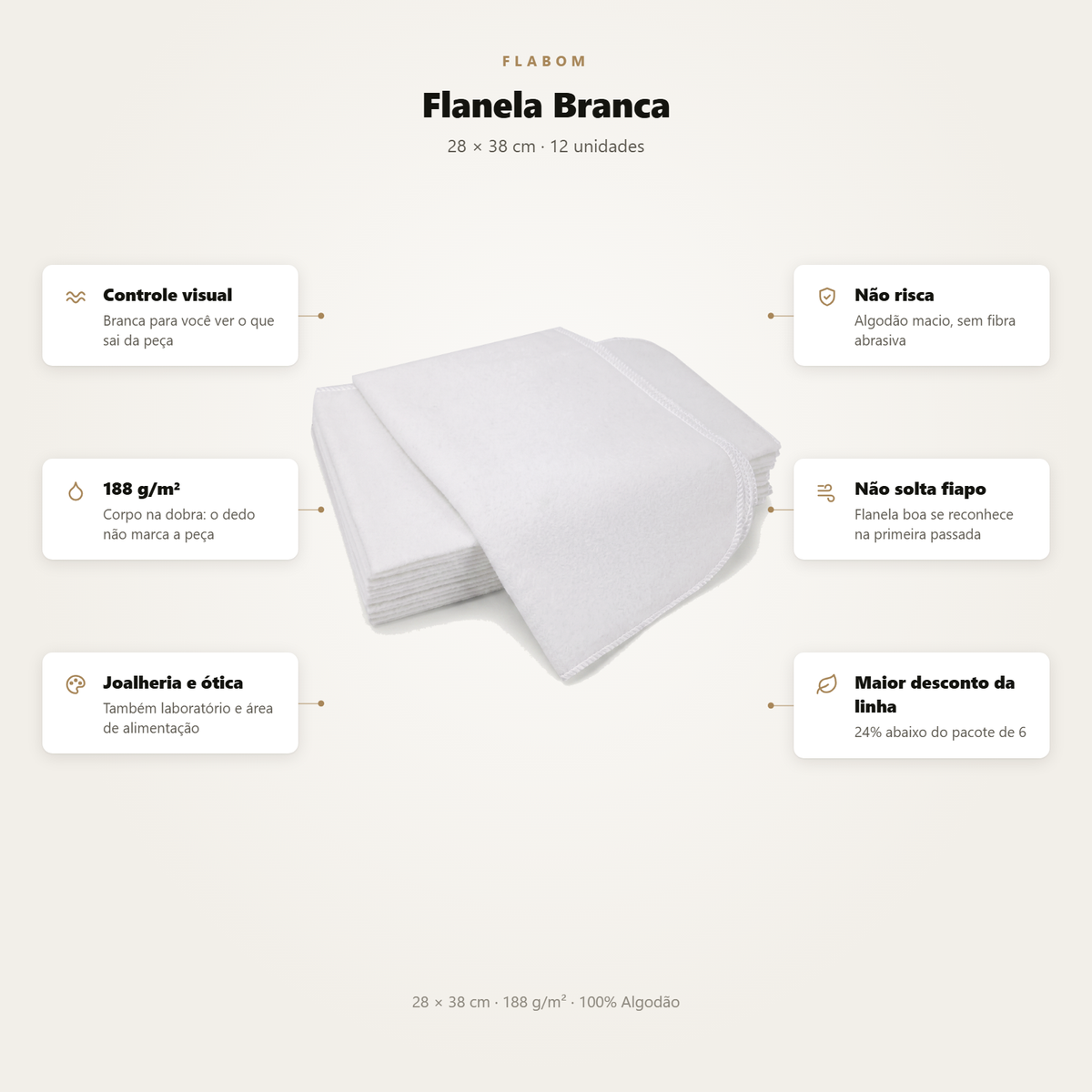 Flanela Branca 28X38 - 12 unidades