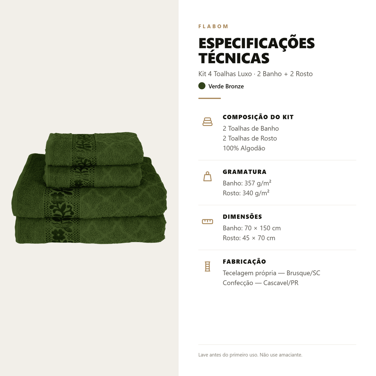 Kit 4 Toalhas Luxo - 2 Banho + 2 Rosto 100% Algodão