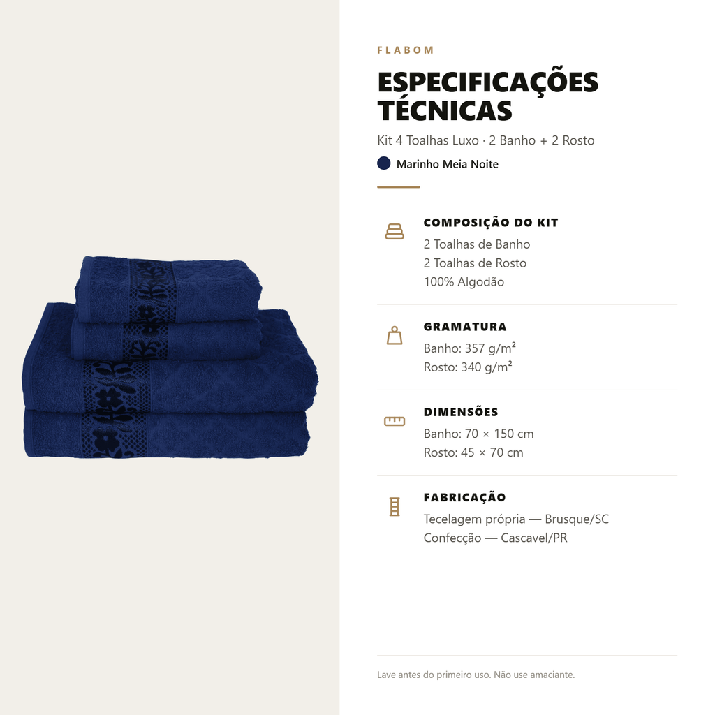 Kit 4 Toalhas Luxo - 2 Banho + 2 Rosto 100% Algodão