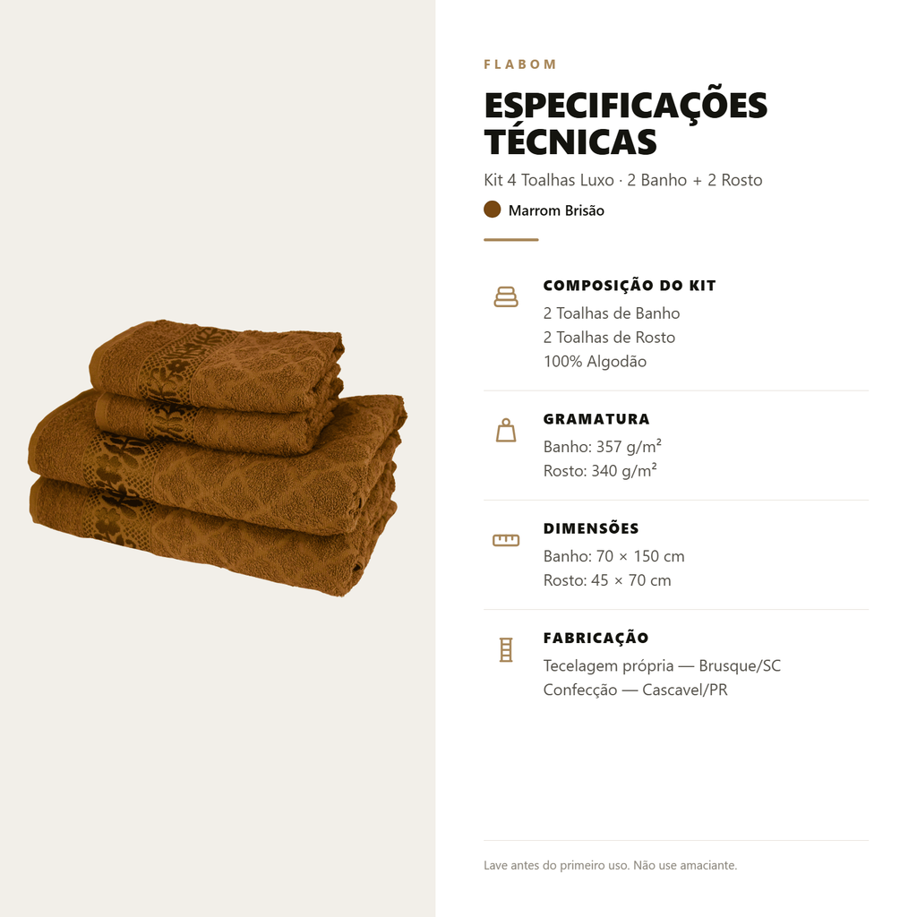 Kit 4 Toalhas Luxo - 2 Banho + 2 Rosto 100% Algodão