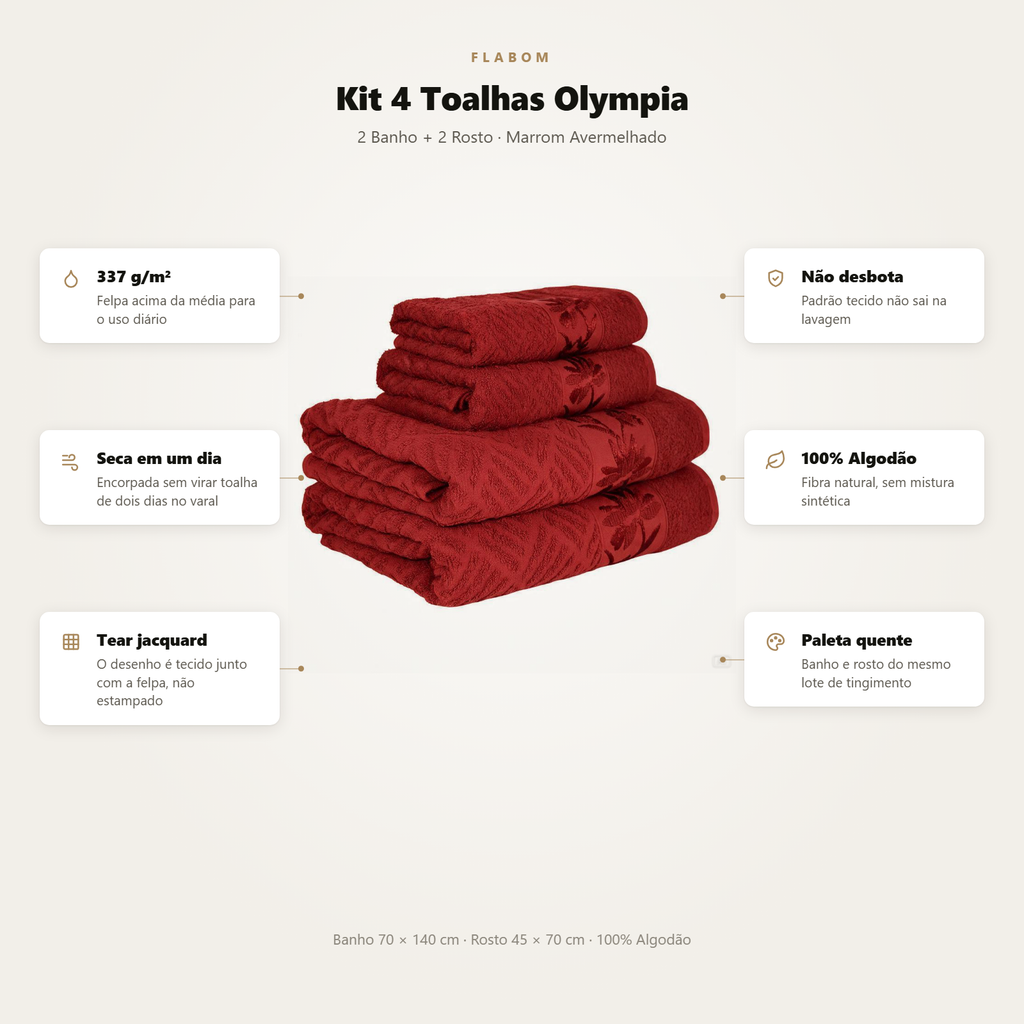 Kit 4 Toalhas Olympia 2 Banho + 2 Rosto 100% Algodão