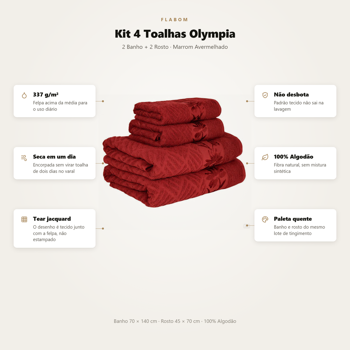 Kit 4 Toalhas Olympia 2 Banho + 2 Rosto 100% Algodão