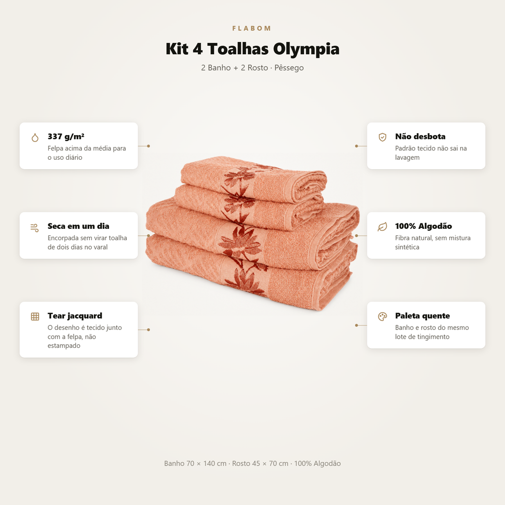 Kit 4 Toalhas Olympia 2 Banho + 2 Rosto 100% Algodão