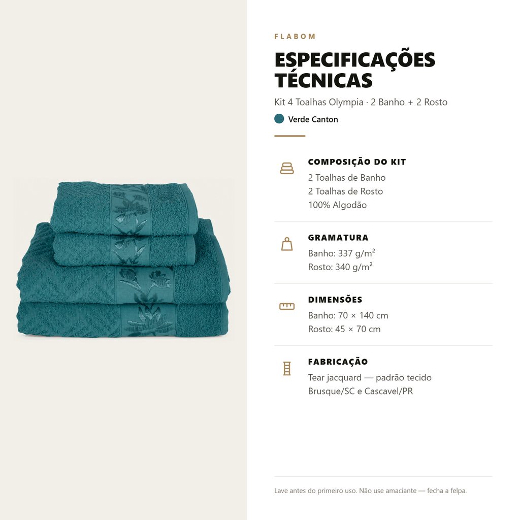 Kit 4 Toalhas Olympia 2 Banho + 2 Rosto 100% Algodão