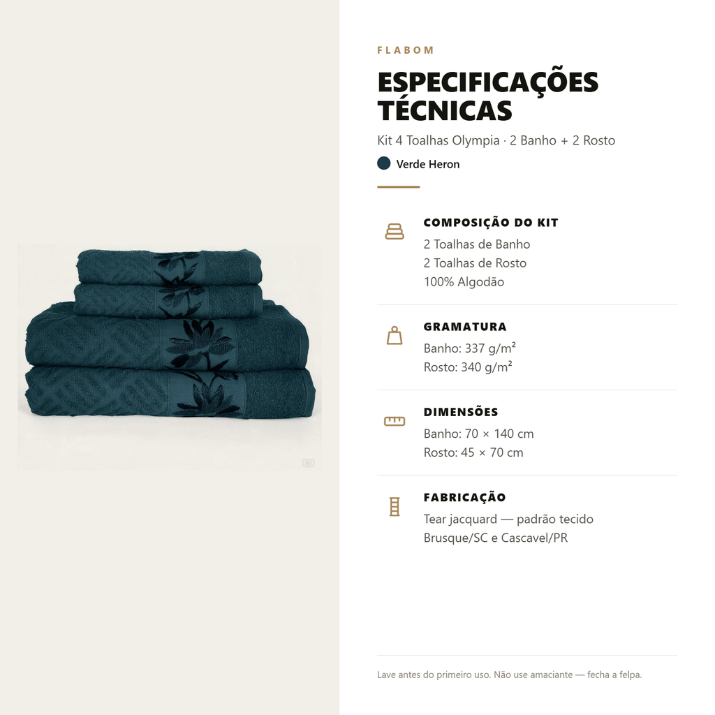 Kit 4 Toalhas Olympia 2 Banho + 2 Rosto 100% Algodão
